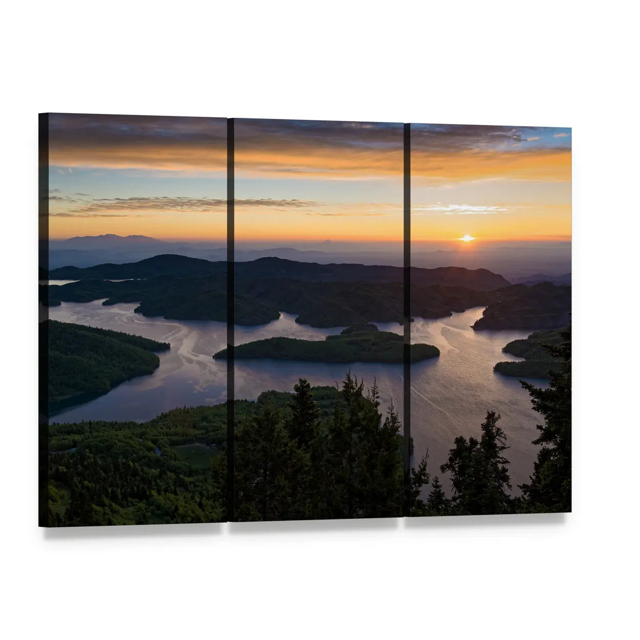 Sunset Over Lake with Scattered Islands Canvas Wall Art, 3 panel 3 Horizontal layout gallery wrapped canvas set, angled product view