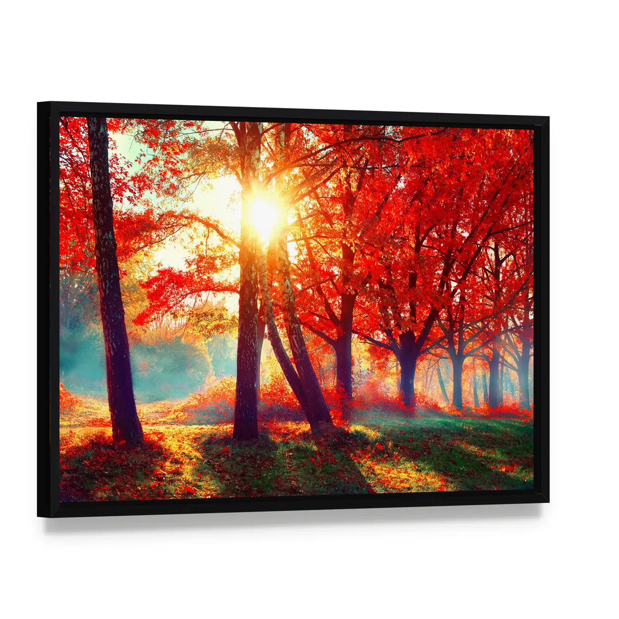 Beautiful Autumnal Park Canvas Wall Art, framed canvas in a black floater frame, angled product view