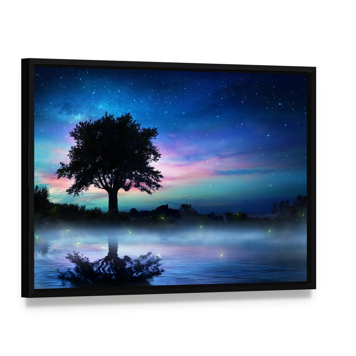 Tree at Starry Night Canvas Wall Art, framed canvas in a black floater frame, angled product view