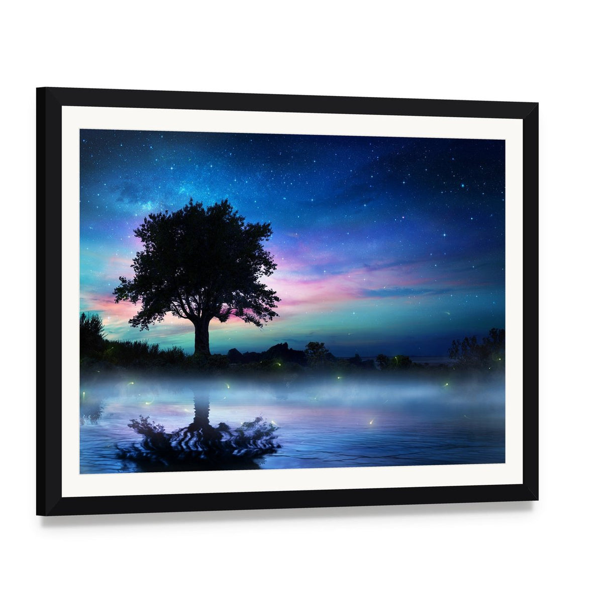 Tree at Starry Night Canvas Wall Art, framed print with white mat and black frame, angled product view