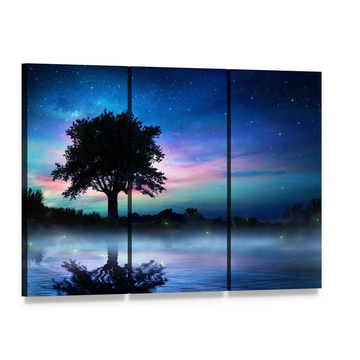 Tree at Starry Night Canvas Wall Art, 3 panel 3 Horizontal layout gallery wrapped canvas set, angled product view