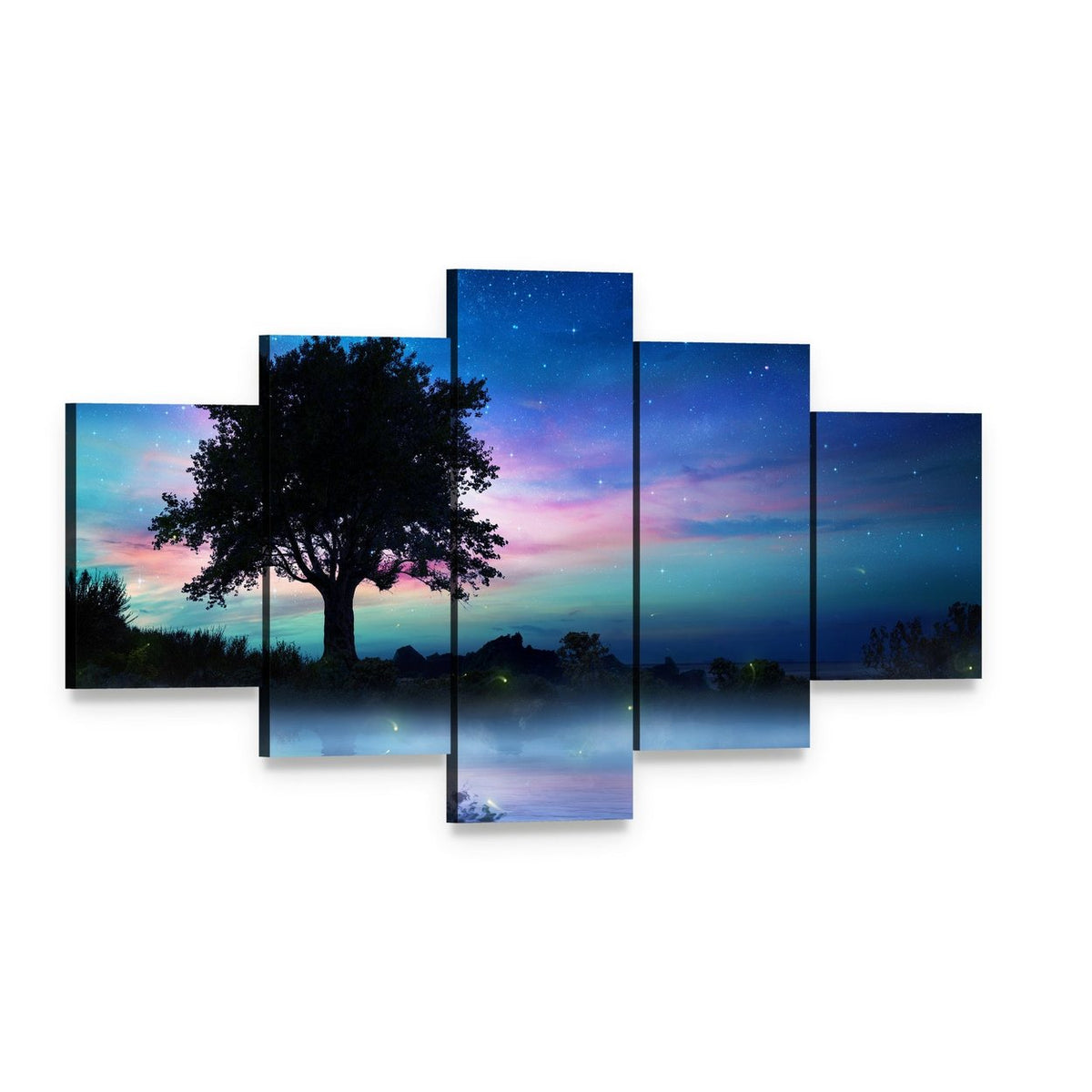 Tree at Starry Night Canvas Wall Art, 5 panel 5 Star layout gallery wrapped canvas set, angled product view