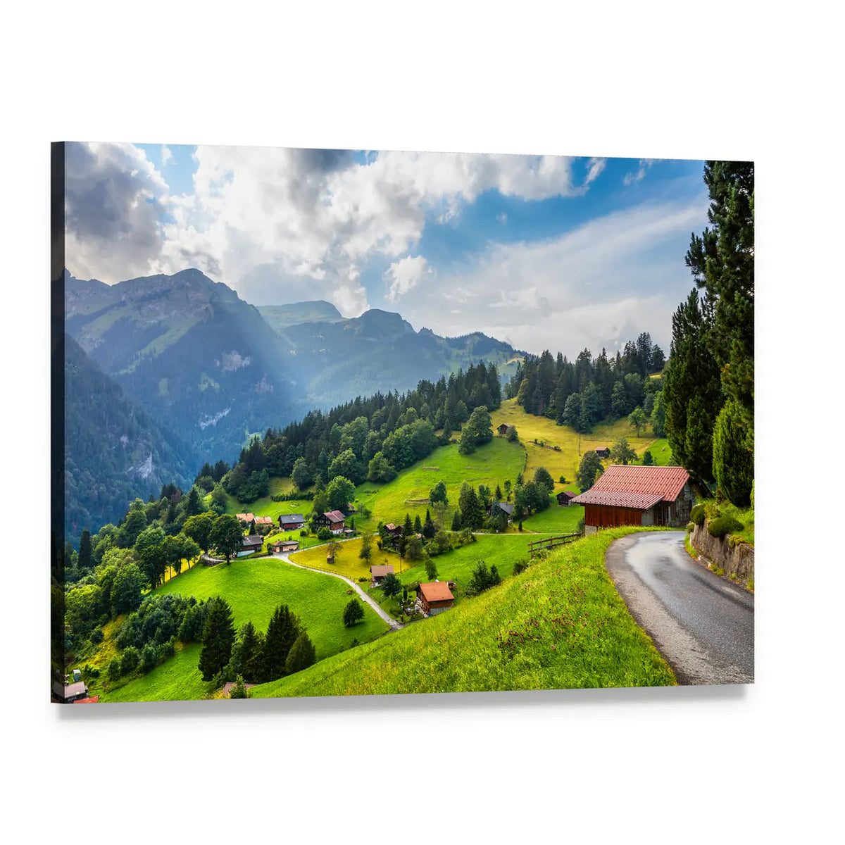 Summer View of Wengen Village Canvas Wall Art, single panel gallery wrapped canvas, angled product view