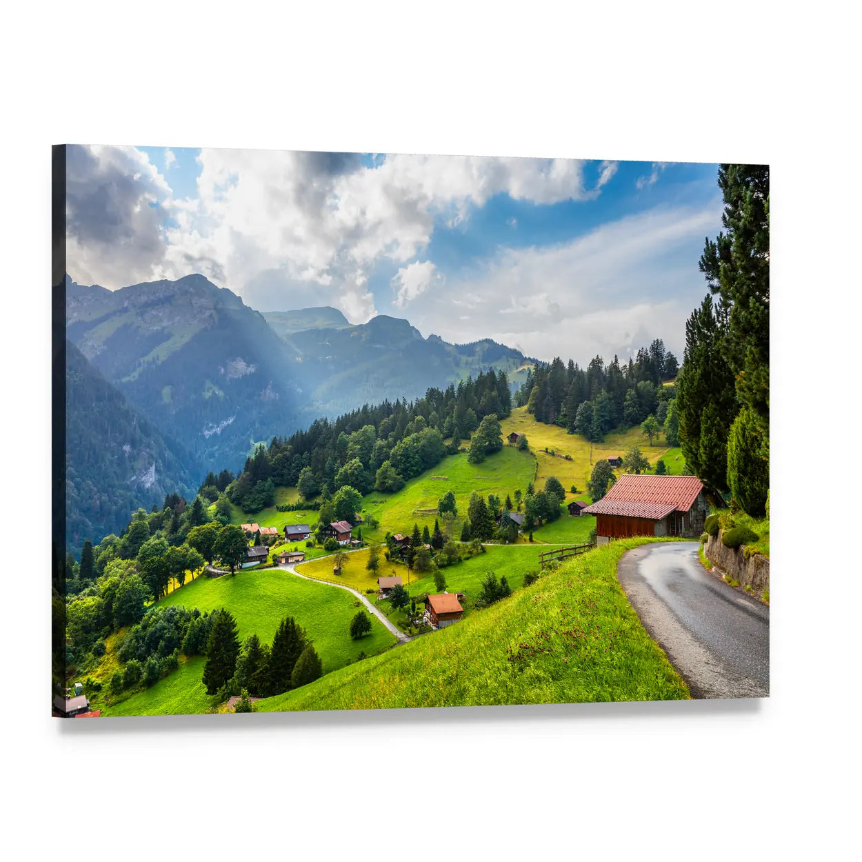 Summer View of Wengen Village Canvas Wall Art, single panel gallery wrapped canvas, angled product view