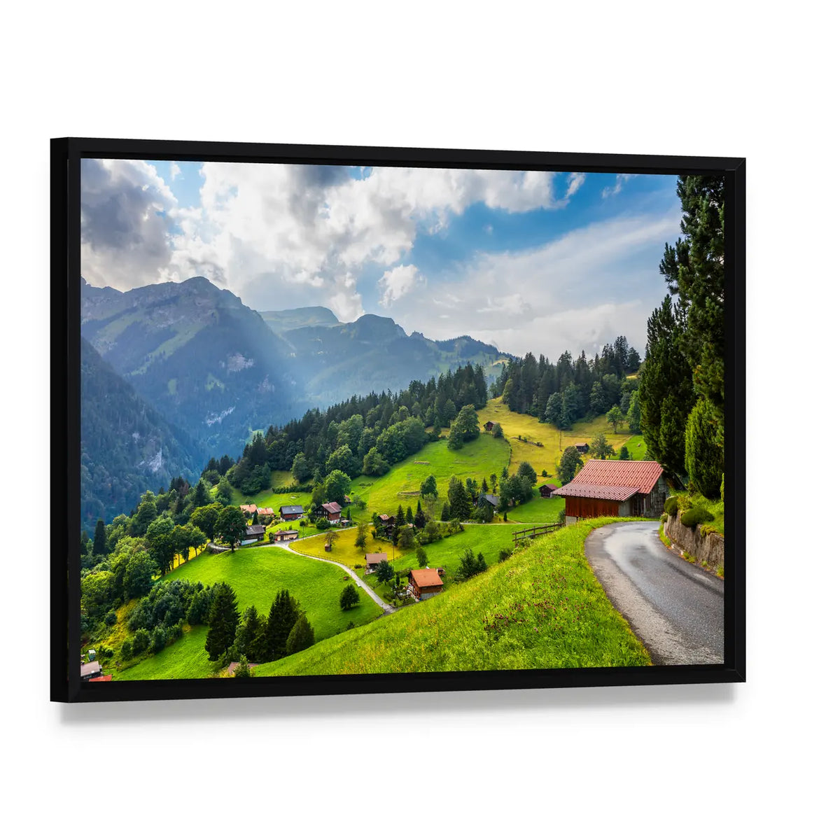 Summer View of Wengen Village Canvas Wall Art, framed canvas in a black floater frame, angled product view