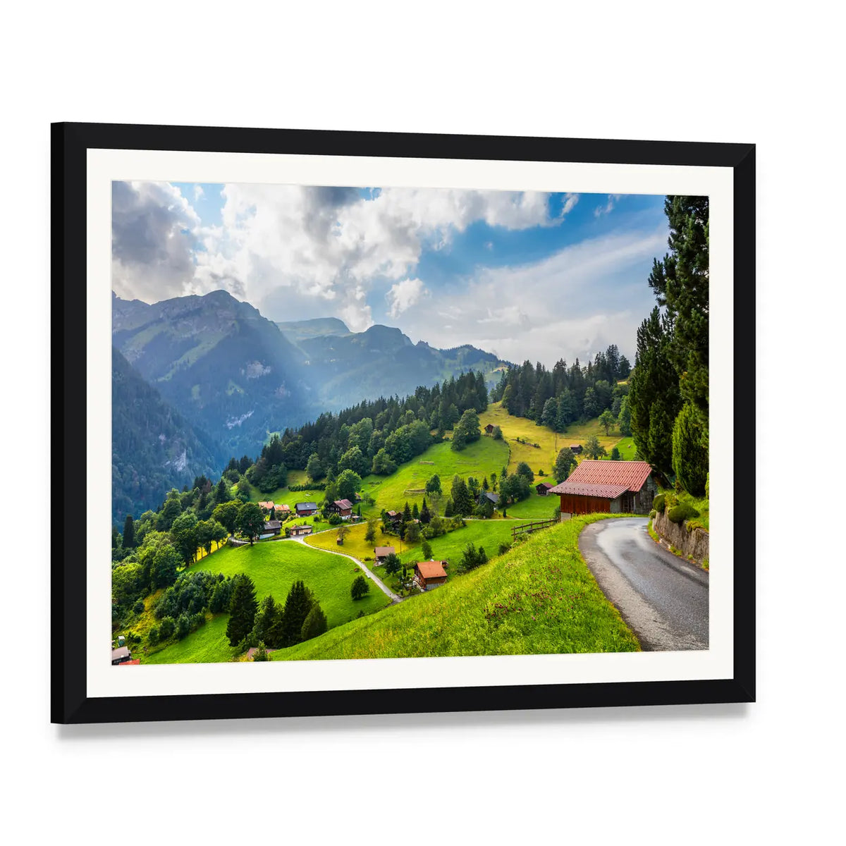 Summer View of Wengen Village Canvas Wall Art, framed print with white mat and black frame, angled product view