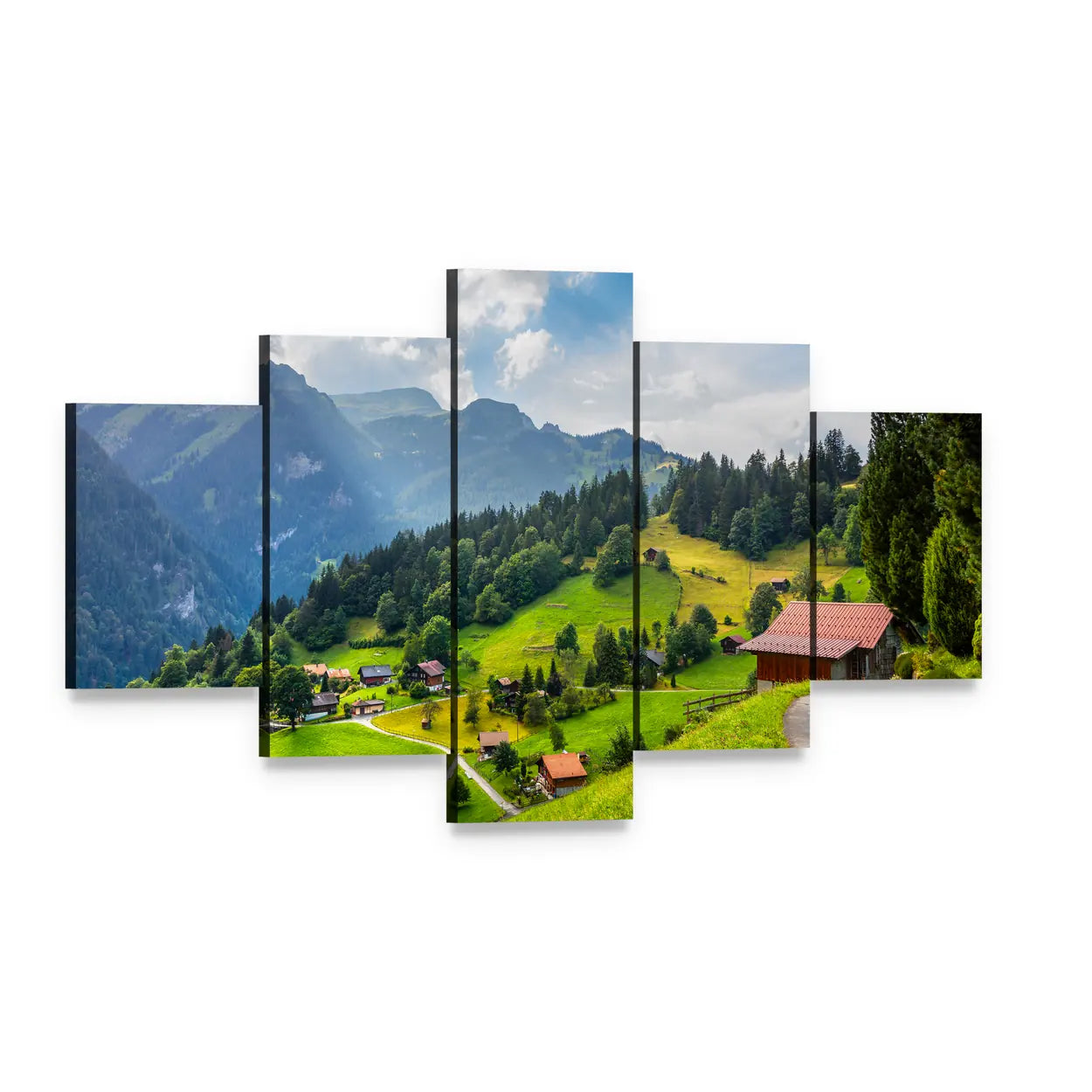 Summer View of Wengen Village Canvas Wall Art, 5 panel 5 Star layout gallery wrapped canvas set, angled product view