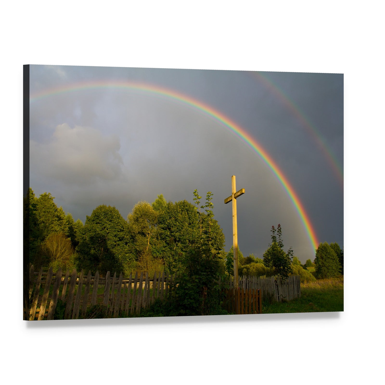 Cross and Rainbow Canvas Wall Art, single panel gallery wrapped canvas, angled product view