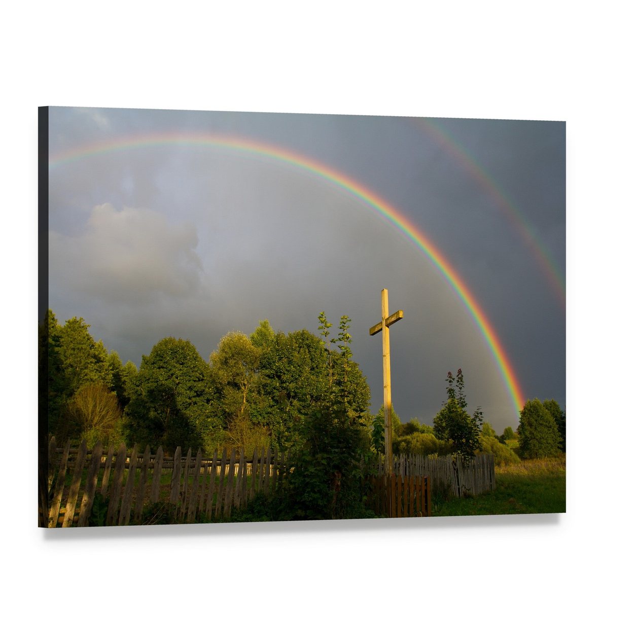 Cross and Rainbow Canvas Wall Art, single panel gallery wrapped canvas, angled product view
