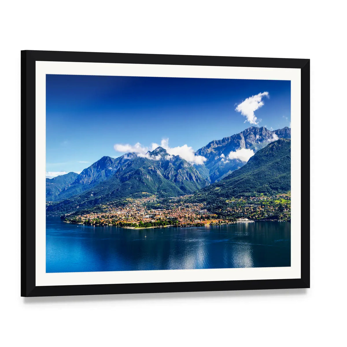 Small Town at Foot of Alpine Mountain, Lake Como Canvas Wall Art, framed print with white mat and black frame, angled product view