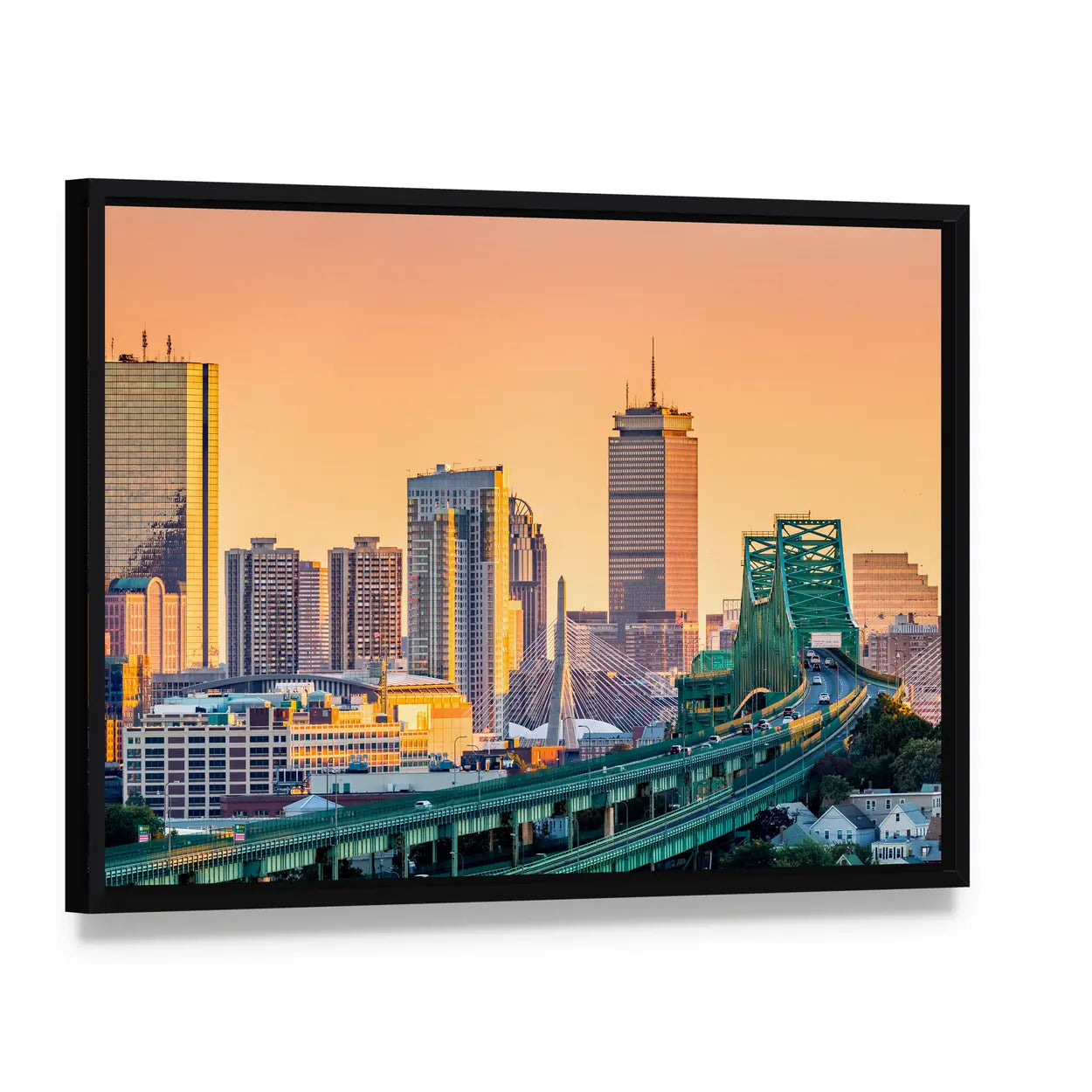 Tobin Bridge and Boston Skyline Canvas Wall Art, framed canvas in a black floater frame, angled product view