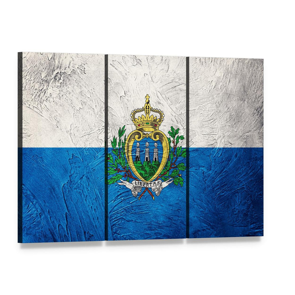 Grunge San Marino Flag Canvas Wall Art, 3 panel 3 Horizontal layout gallery wrapped canvas set, angled product view