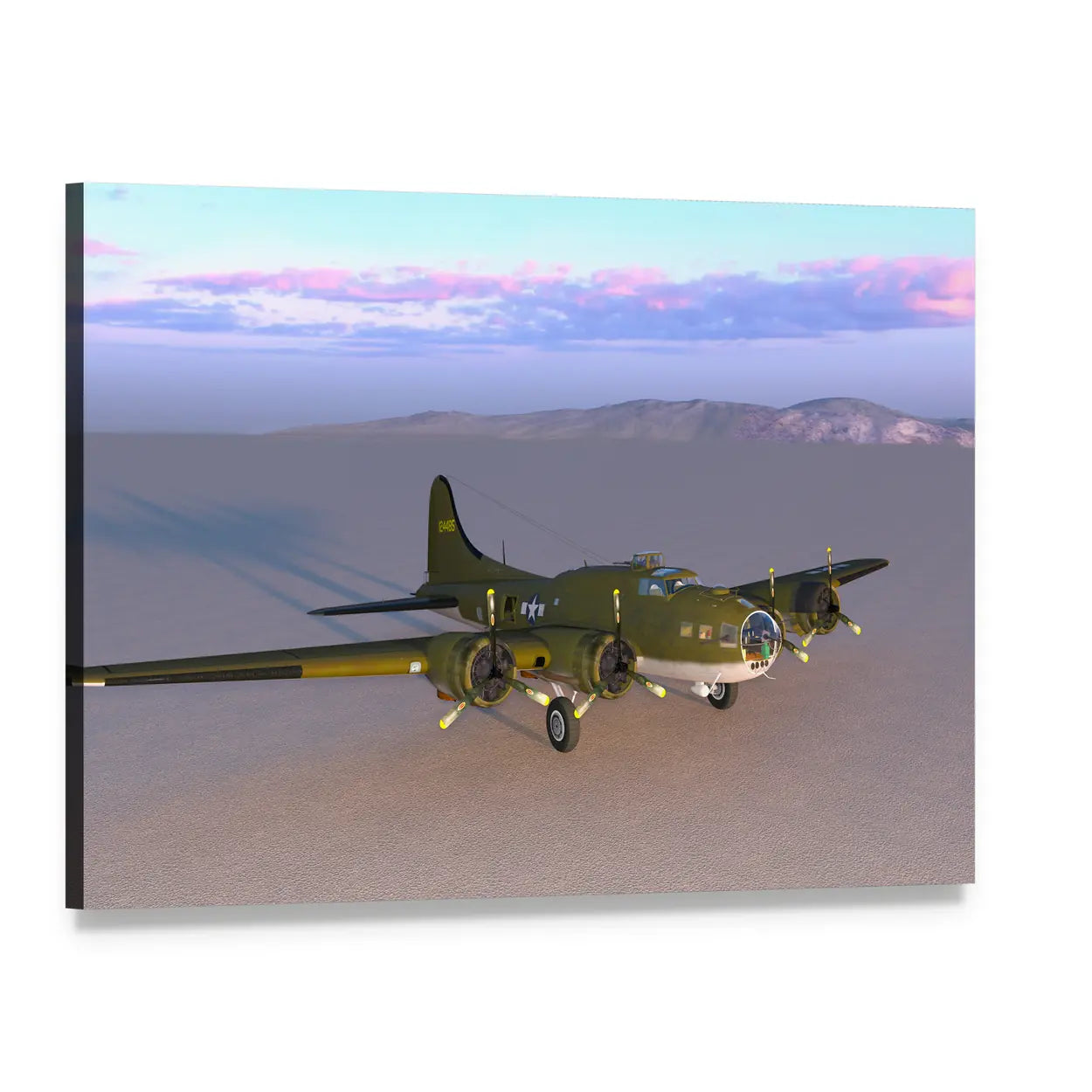 B-17 Flying Fortress Desert Sunset Canvas Wall Art, single panel gallery wrapped canvas, angled product view