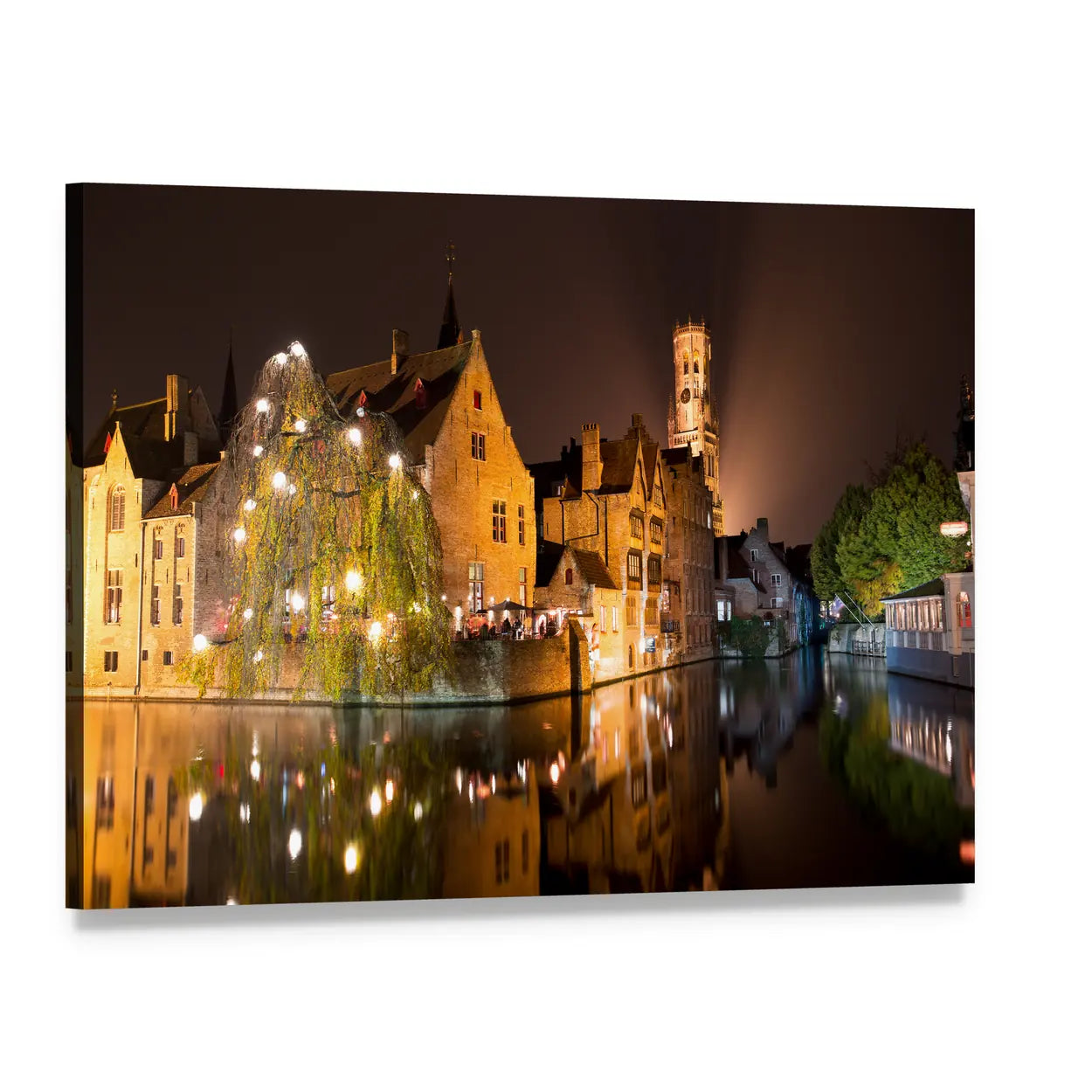 Historic Canal and Belfry at Night Canvas Wall Art, single panel gallery wrapped canvas, angled product view