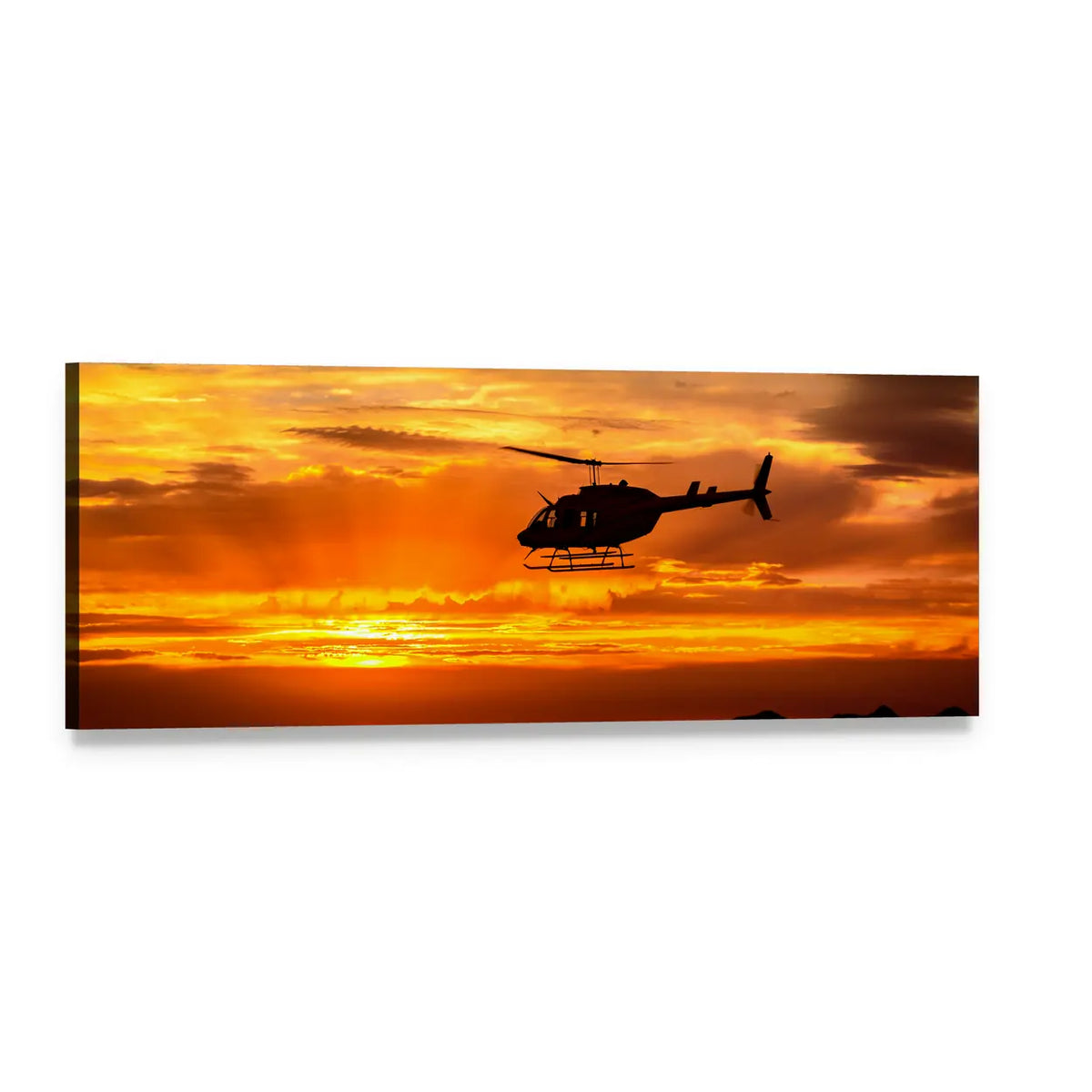 Helicopter at Sunset Panoramic Canvas Wall Art, single panel gallery wrapped canvas, angled product view