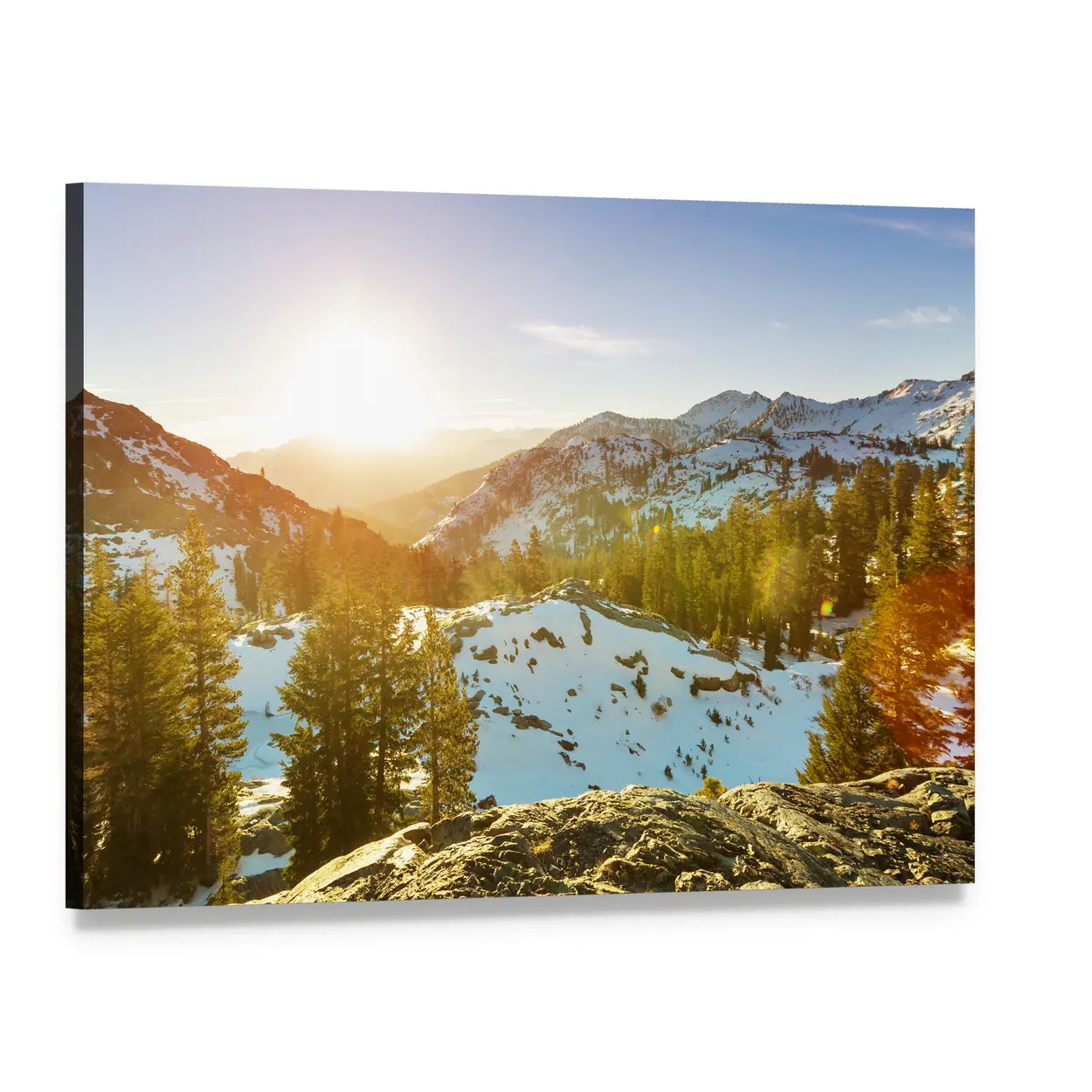 Sierra Nevada Sunrise Over Snowy Peaks Canvas Wall Art, single panel gallery wrapped canvas, angled product view