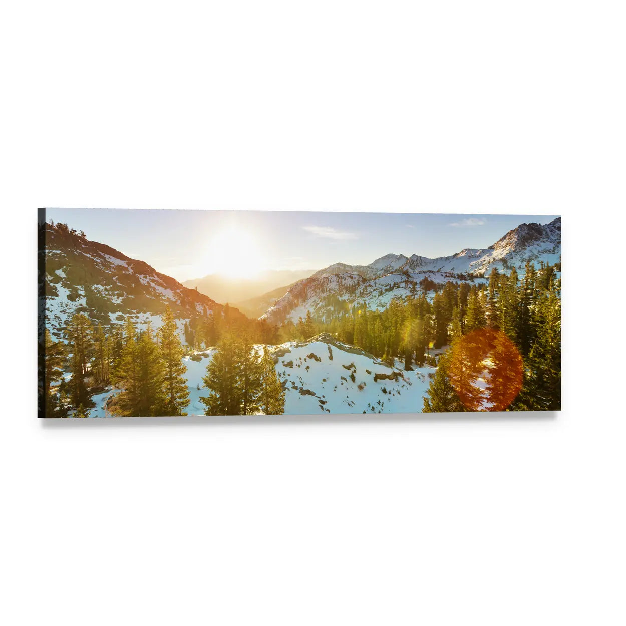 Sierra Nevada Snowy Peaks at Golden Hour Panoramic Canvas Wall Art, single panel gallery wrapped canvas, angled product view