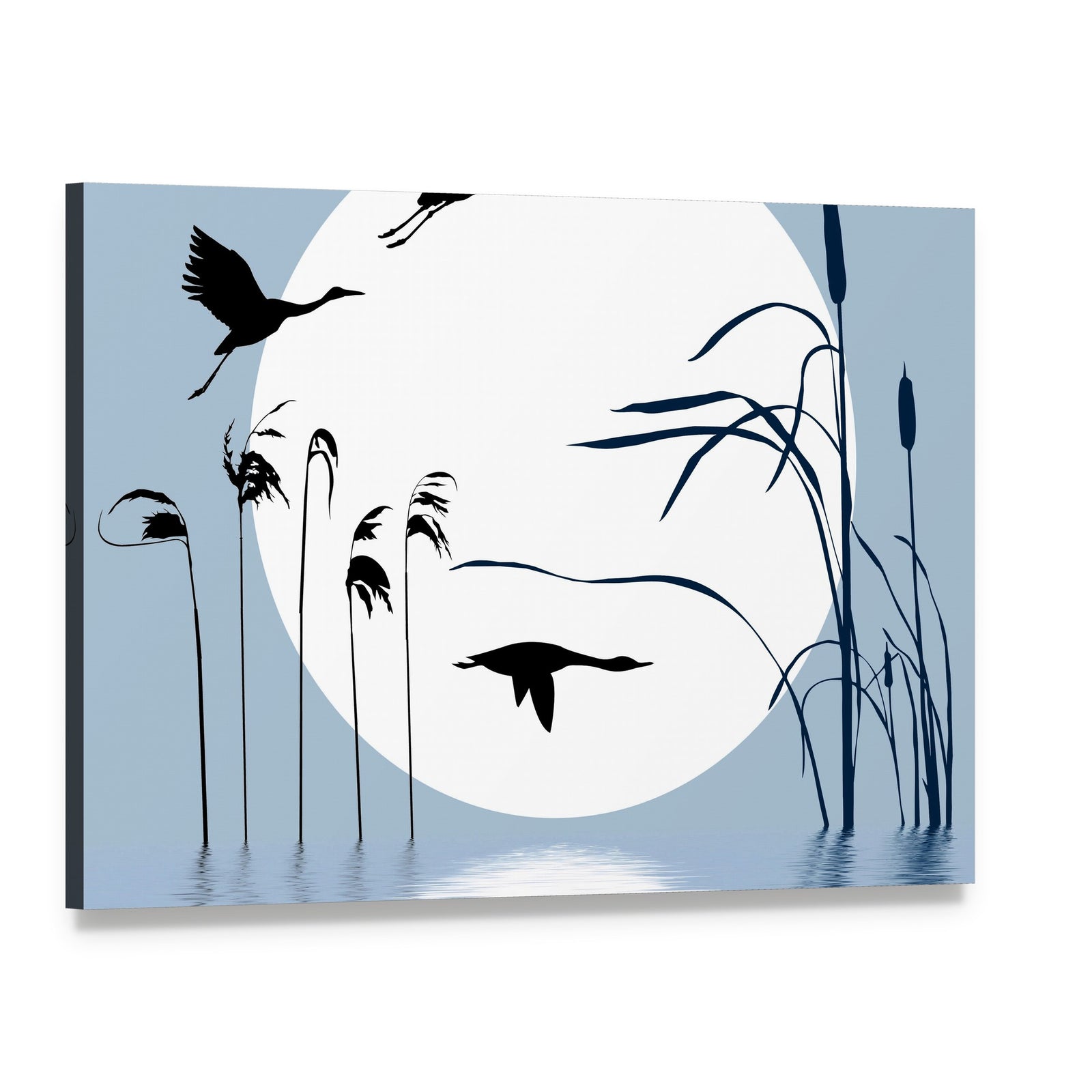 Three Flying Birds Silhouette with Moon Canvas Wall Art, single panel gallery wrapped canvas, angled product view