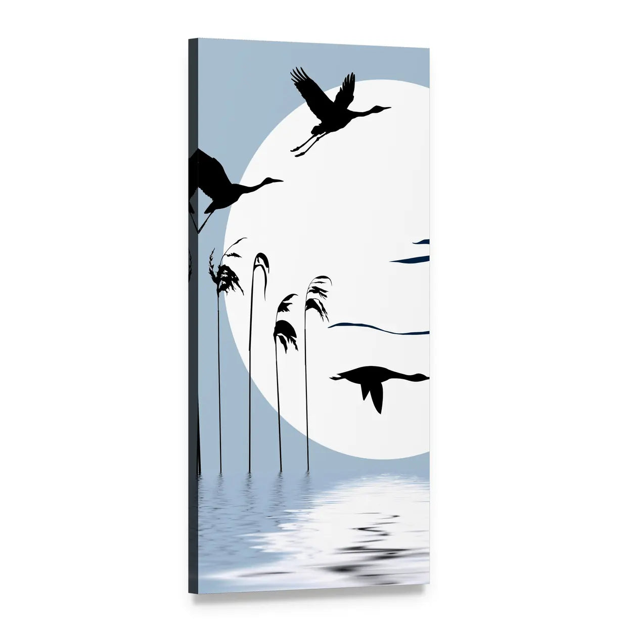 Three Cranes Silhouetted at Moonlit Lake Vertical Canvas Wall Art, 1 panel 1 Vertical layout gallery wrapped canvas set, angled product view