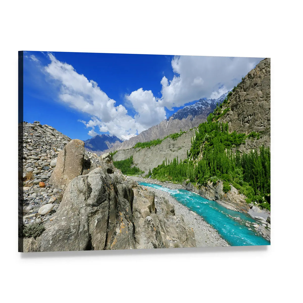 Turquoise River at Hunza Valley, Pakistan Canvas Wall Art, single panel gallery wrapped canvas, angled product view