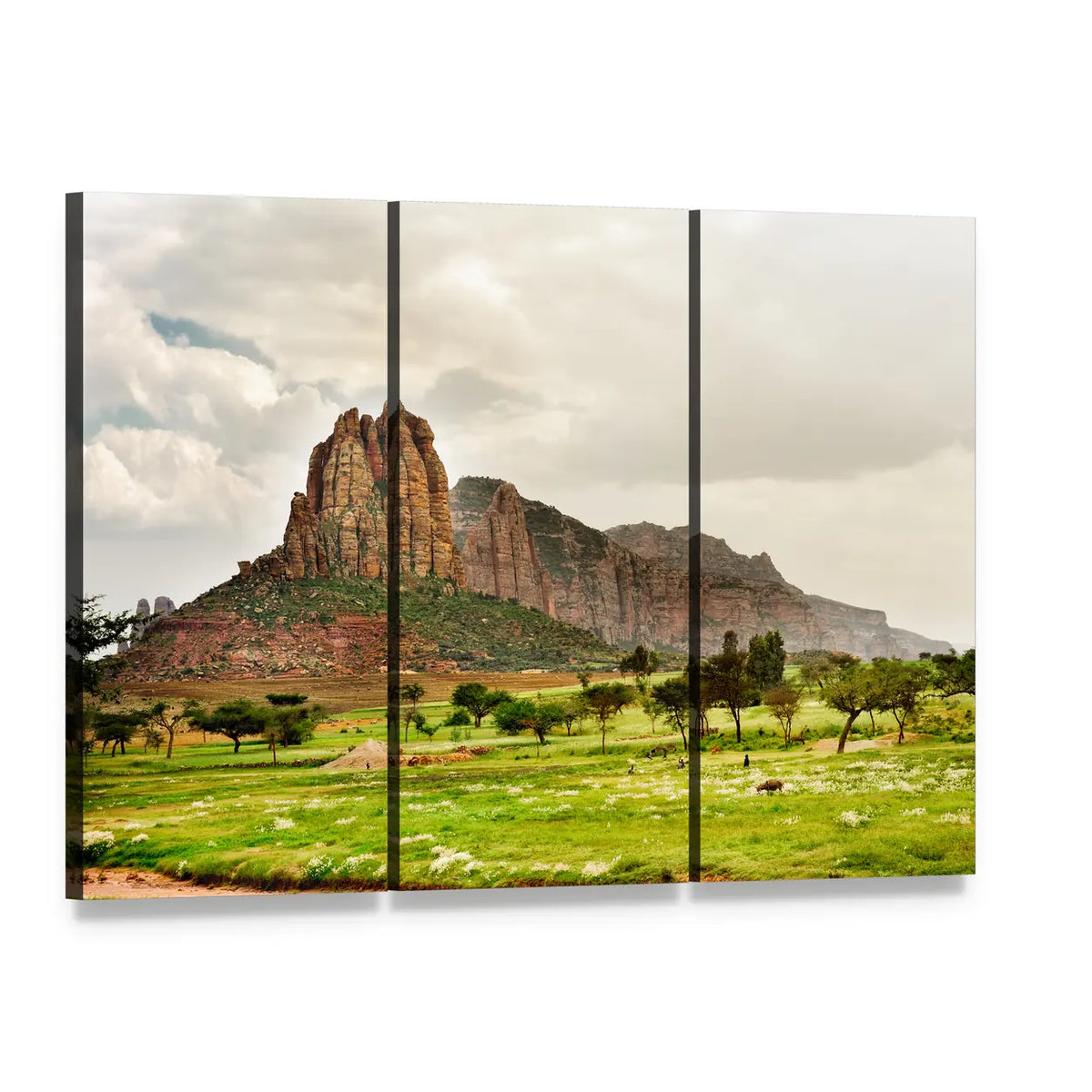 Savanna Landscape with Jagged Rocks and Acacia Trees Canvas Wall Art, 3 panel 3 Horizontal layout gallery wrapped canvas set, angled product view