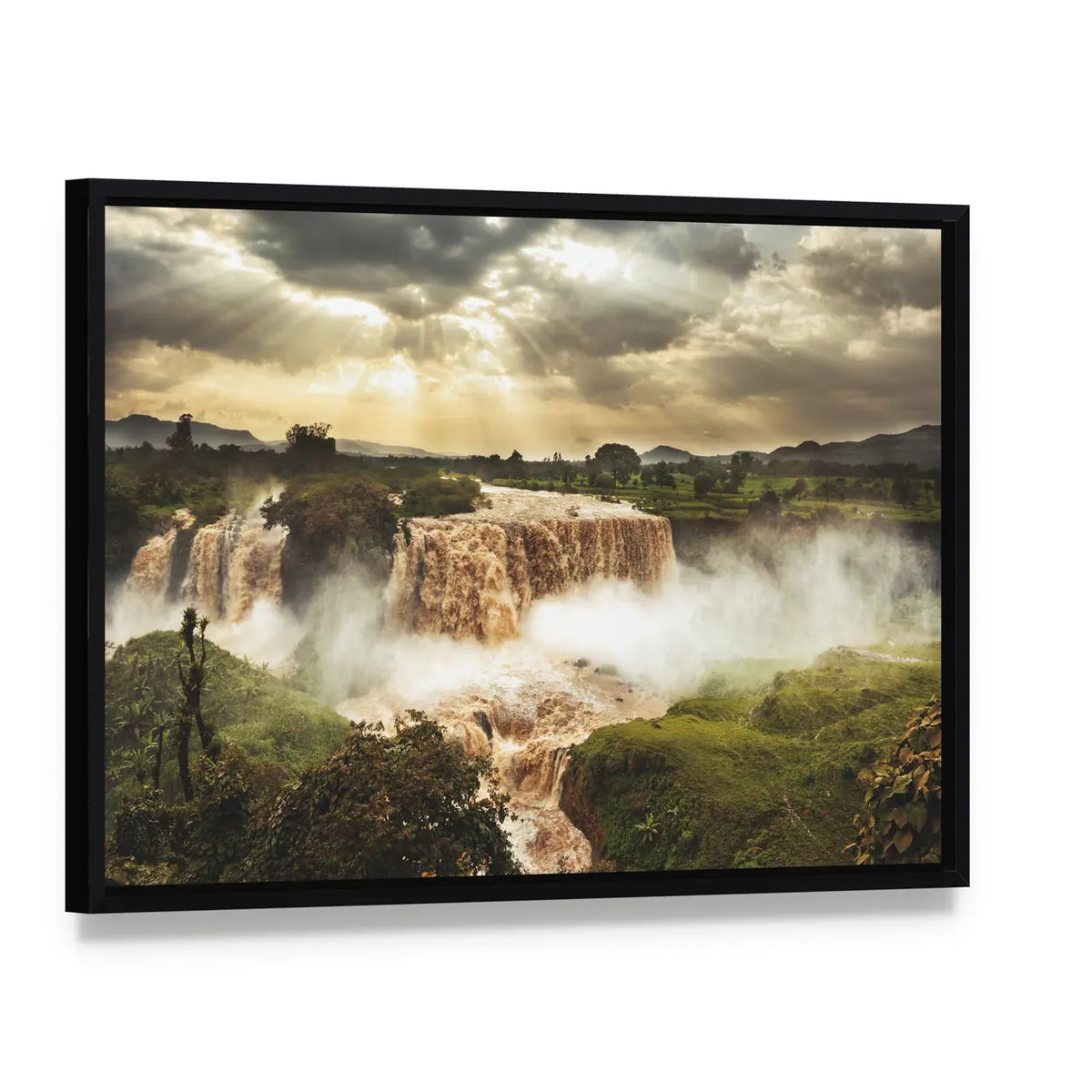 Blue Nile Falls Ethiopia Canvas Wall Art, framed canvas in a black floater frame, angled product view
