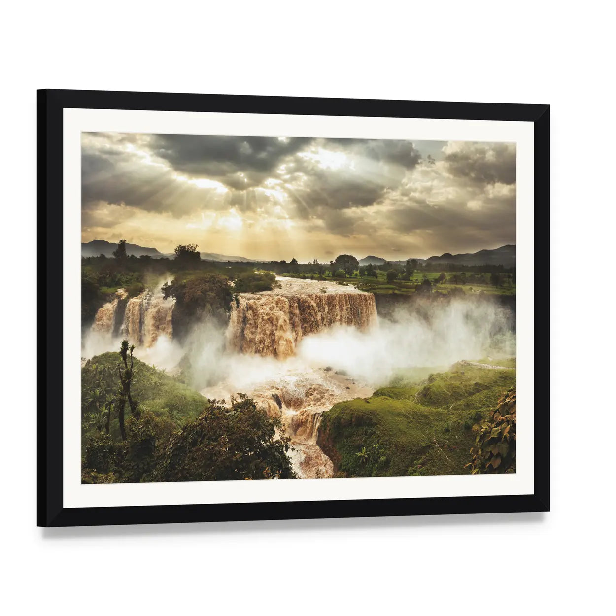 Blue Nile Falls Ethiopia Canvas Wall Art, framed print with white mat and black frame, angled product view