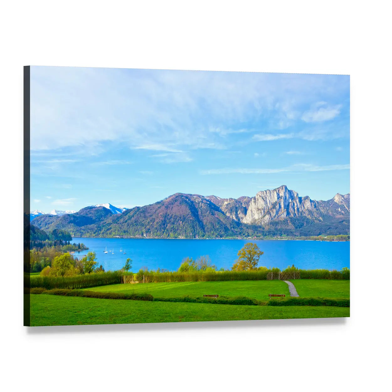 Austrian Lake Landscape with Mountains Canvas Wall Art, single panel gallery wrapped canvas, angled product view