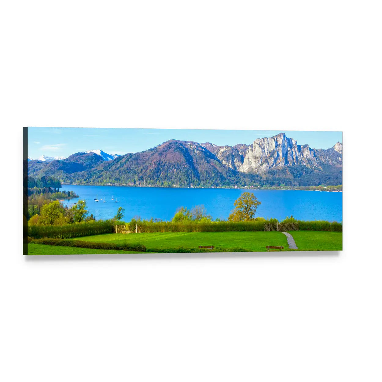 Alpine Lake with Meadow and Mountains Panoramic Canvas Wall Art, single panel gallery wrapped canvas, angled product view