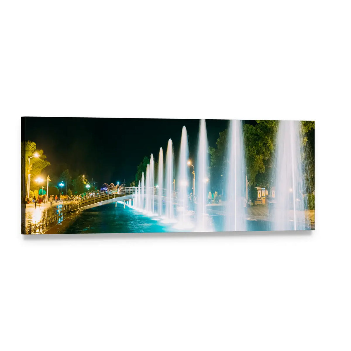 Singing and Dancing Fountains at Night Panoramic Canvas Wall Art, single panel gallery wrapped canvas, angled product view
