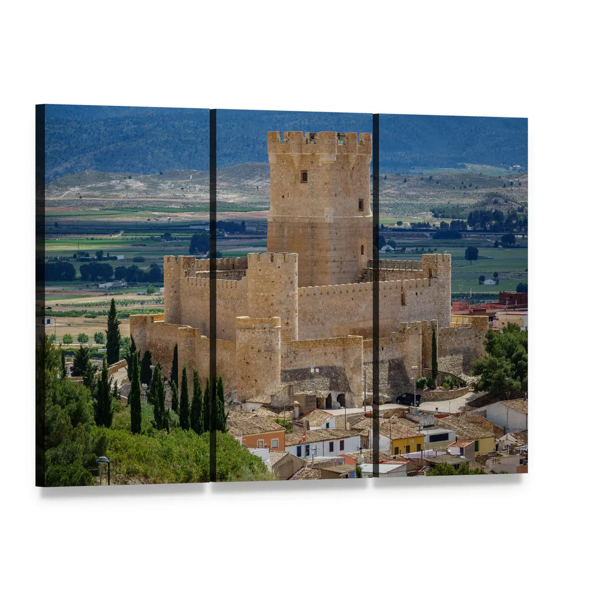 Villena Castle, Spain Canvas Wall Art, 3 panel 3 Horizontal layout gallery wrapped canvas set, angled product view
