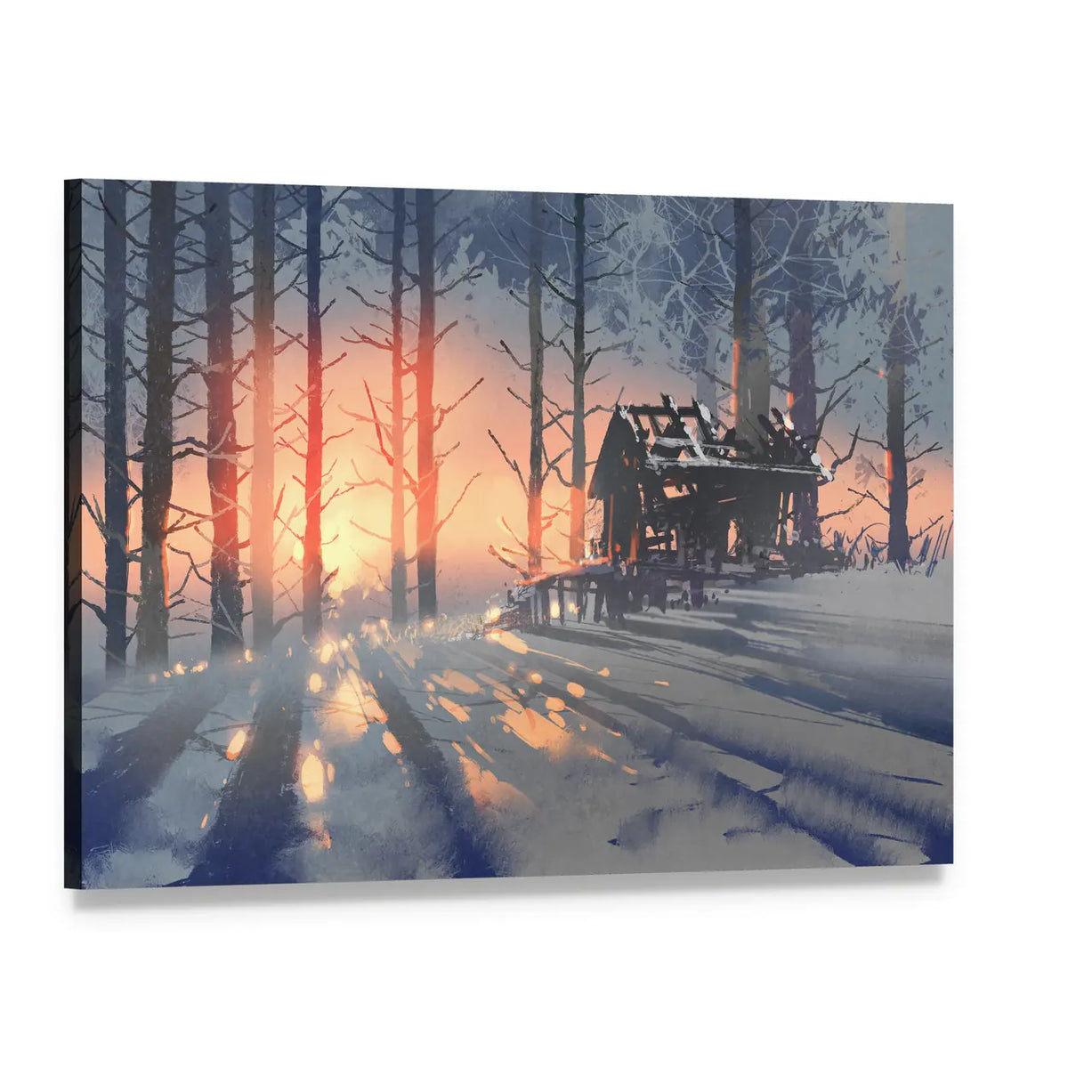 Abandoned House in Winter Forest Canvas Wall Art, single panel gallery wrapped canvas, angled product view