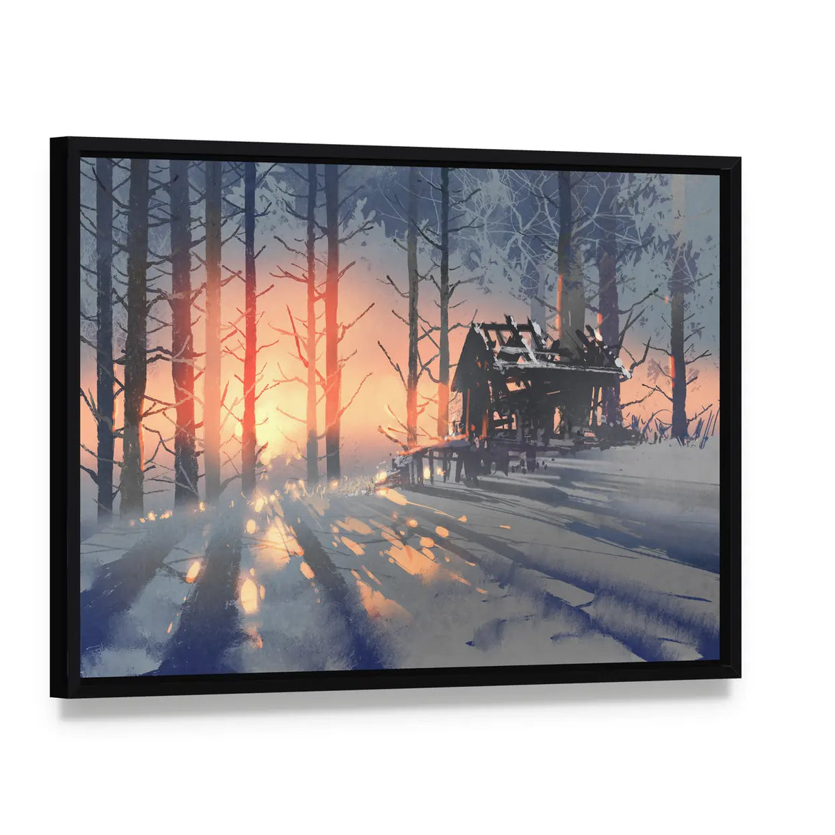Abandoned House in Winter Forest Canvas Wall Art, framed canvas in a black floater frame, angled product view