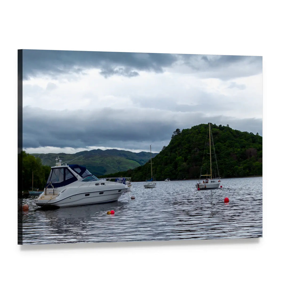 Boats Anchored on a Serene Lake Canvas Wall Art, single panel gallery wrapped canvas, angled product view