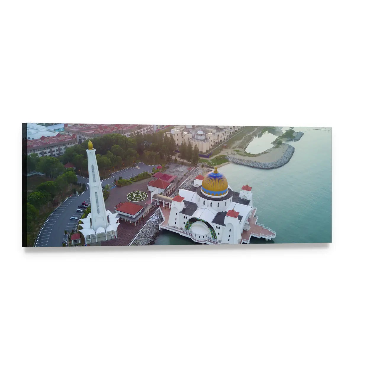 Malacca Straits Mosque Aerial View Panoramic Canvas Wall Art, single panel gallery wrapped canvas, angled product view