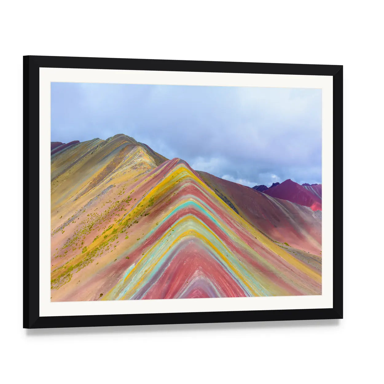 Rainbow Mountains, Peru Canvas Wall Art, framed print with white mat and black frame, angled product view