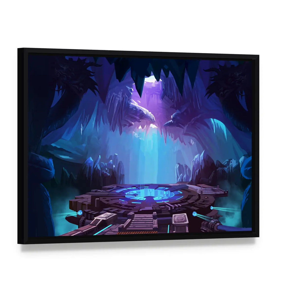 Mysterious Cavern with Glowing Platform Canvas Wall Art, framed canvas in a black floater frame, angled product view