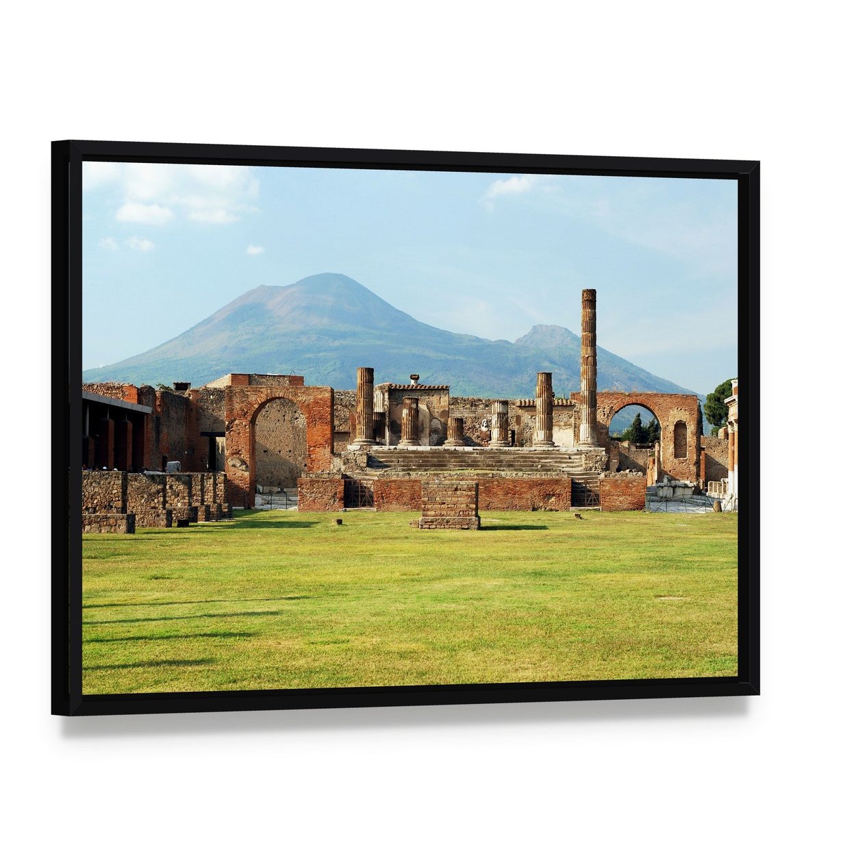Pompei Ruins with Mount Vesuvius Canvas Wall Art, framed canvas in a black floater frame, angled product view