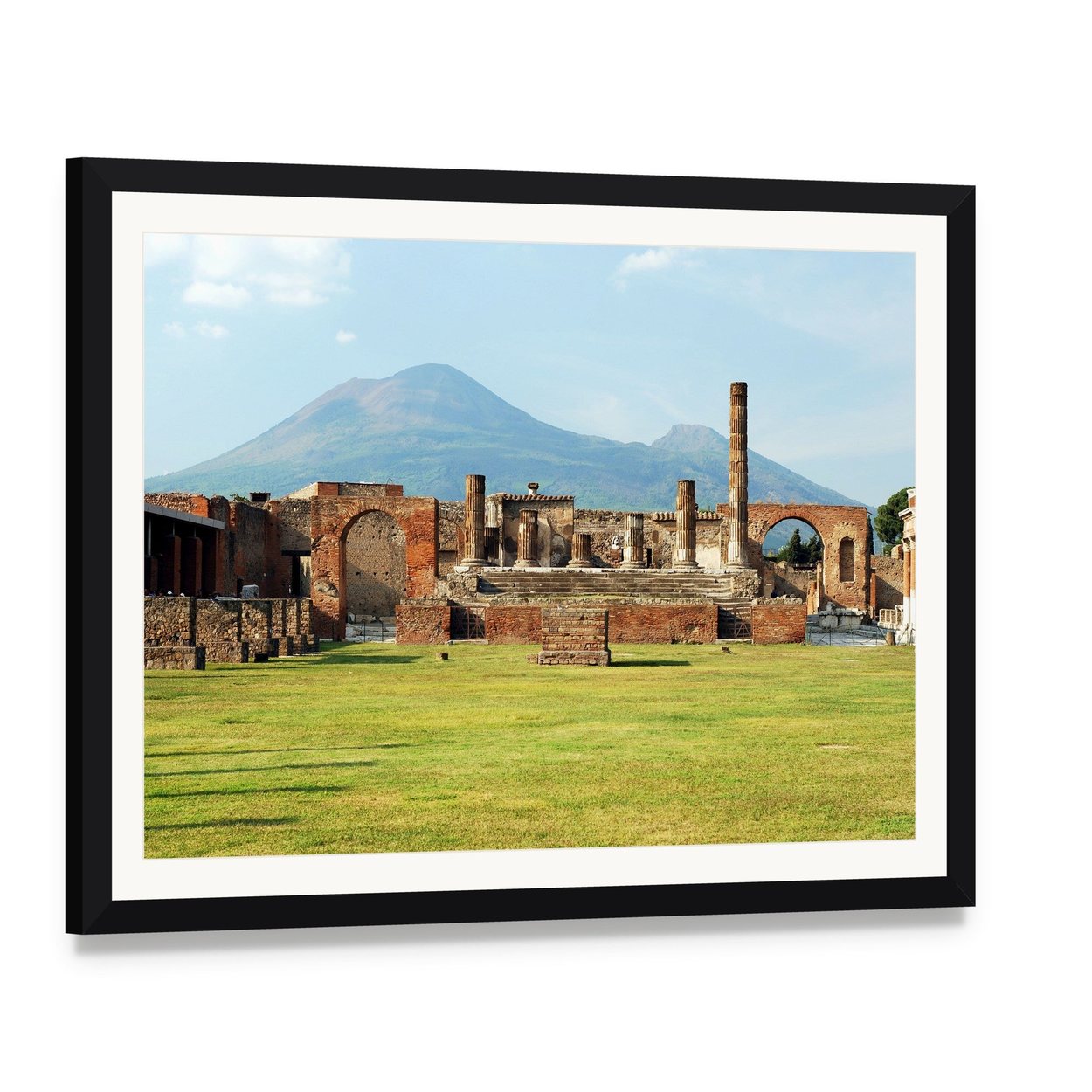 Pompei Ruins with Mount Vesuvius Canvas Wall Art, framed print with white mat and black frame, angled product view