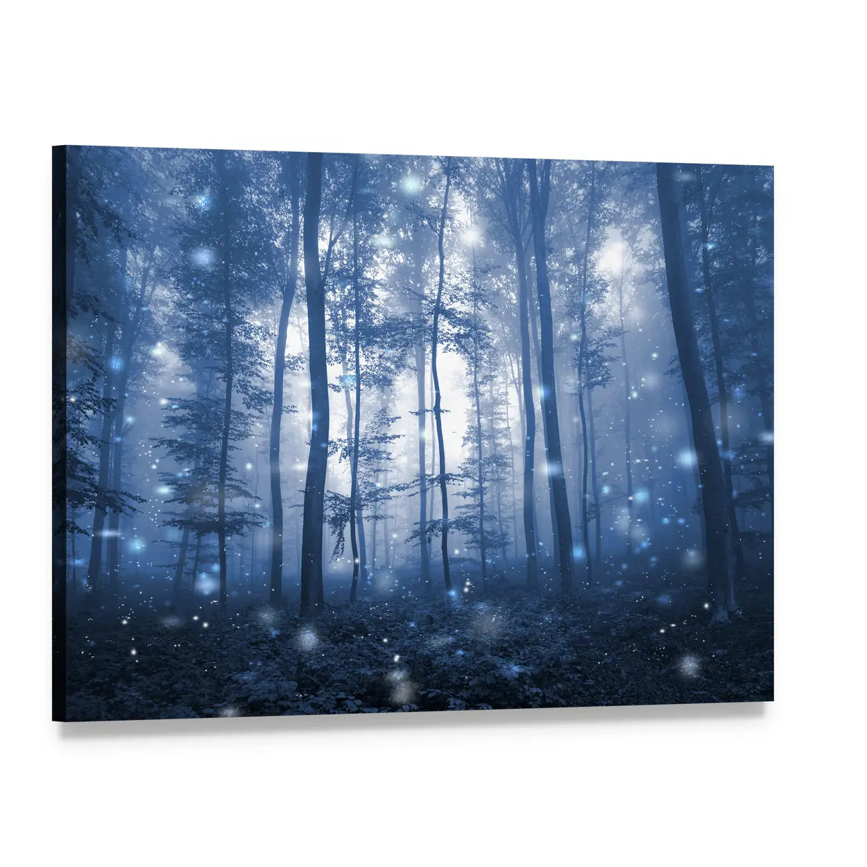Blue Fog Forest with Glowing Orbs Canvas Wall Art, single panel gallery wrapped canvas, angled product view