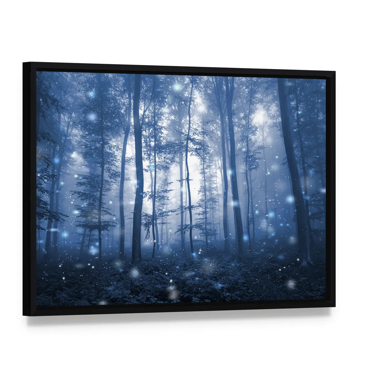 Blue Fog Forest with Glowing Orbs Canvas Wall Art, framed canvas in a black floater frame, angled product view