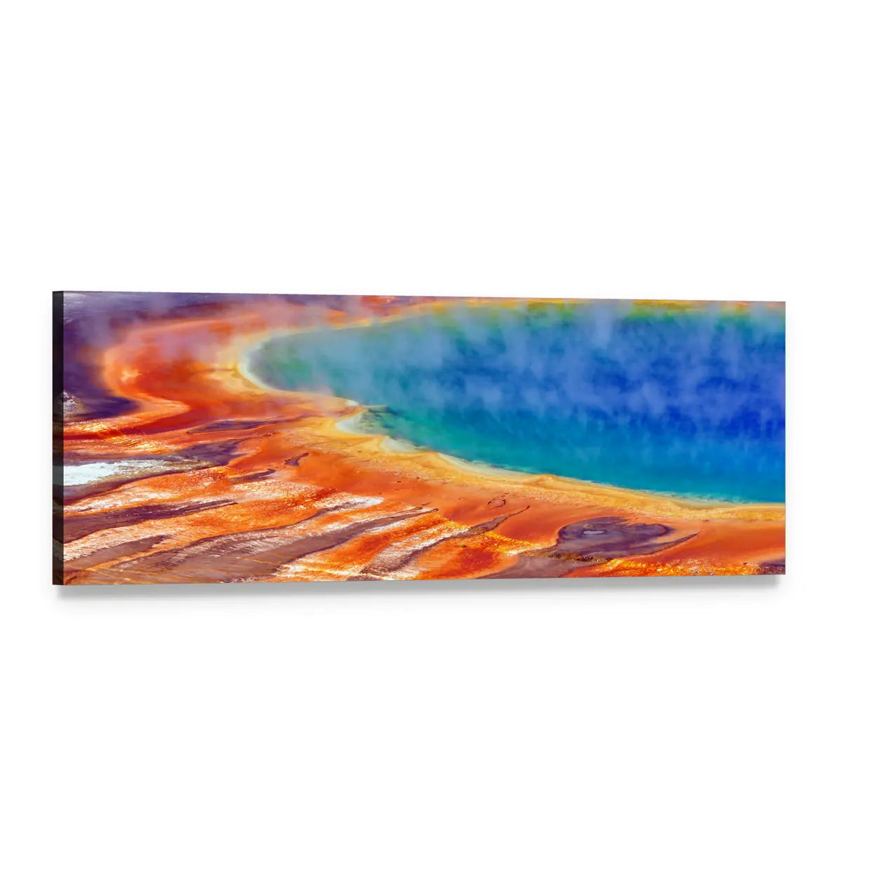 Grand Prismatic Spring Watercolor Panoramic Canvas Wall Art, single panel gallery wrapped canvas, angled product view
