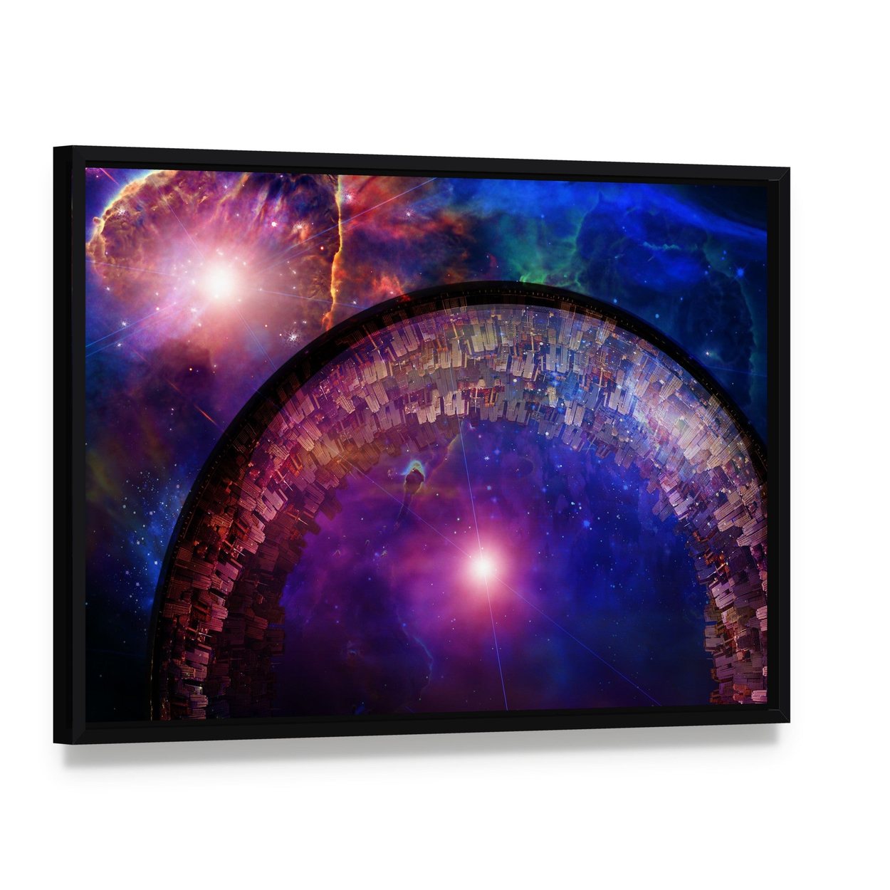 City Ship in Deep Space Canvas Wall Art, framed canvas in a black floater frame, angled product view