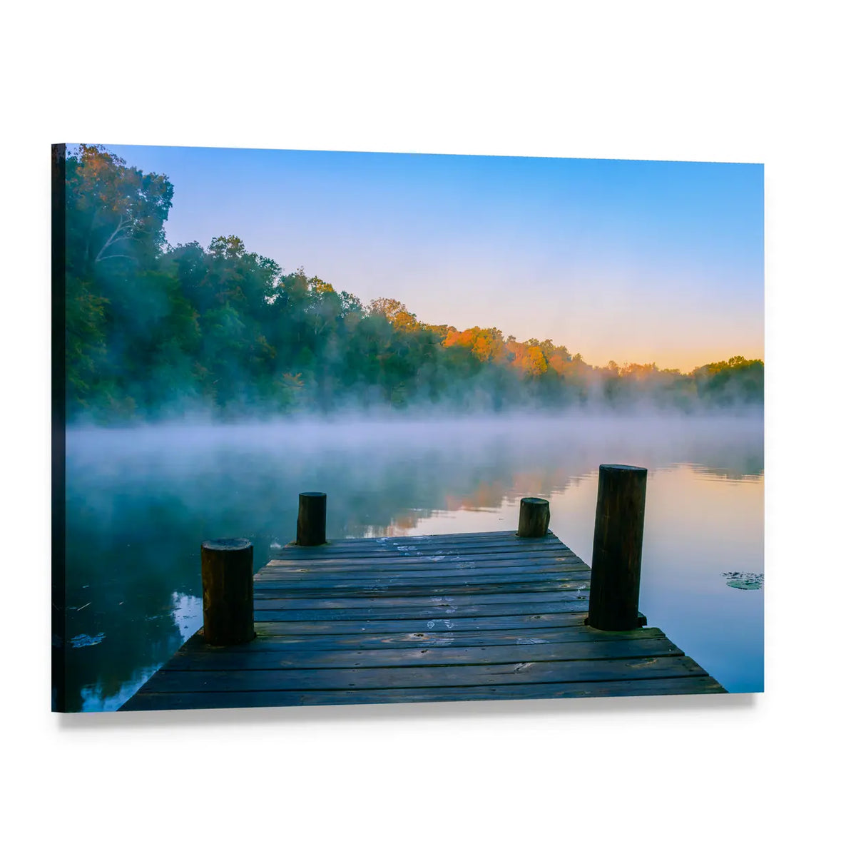 Wooden Dock at Misty Forest Lake Canvas Wall Art, single panel gallery wrapped canvas, angled product view