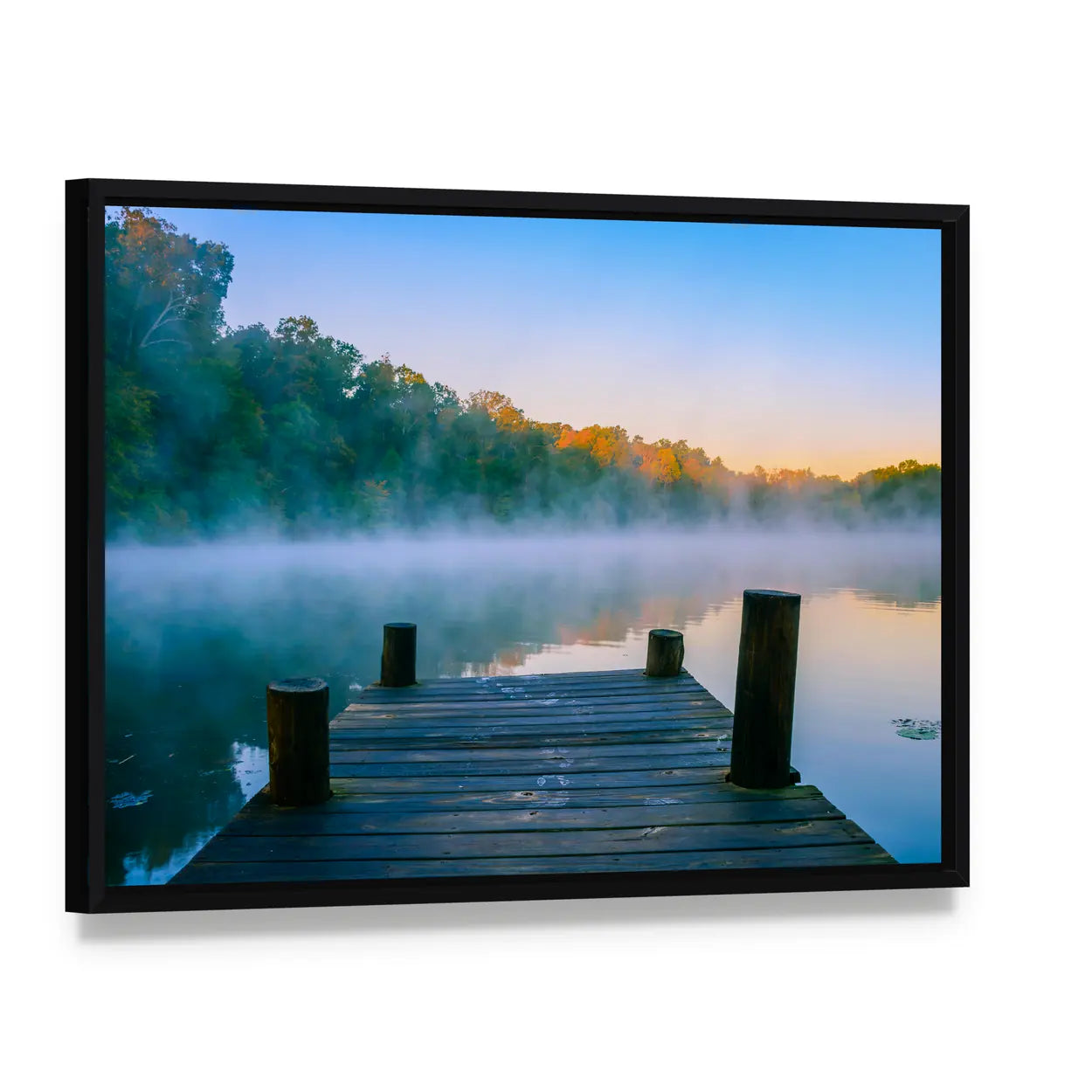Wooden Dock at Misty Forest Lake Canvas Wall Art, framed canvas in a black floater frame, angled product view