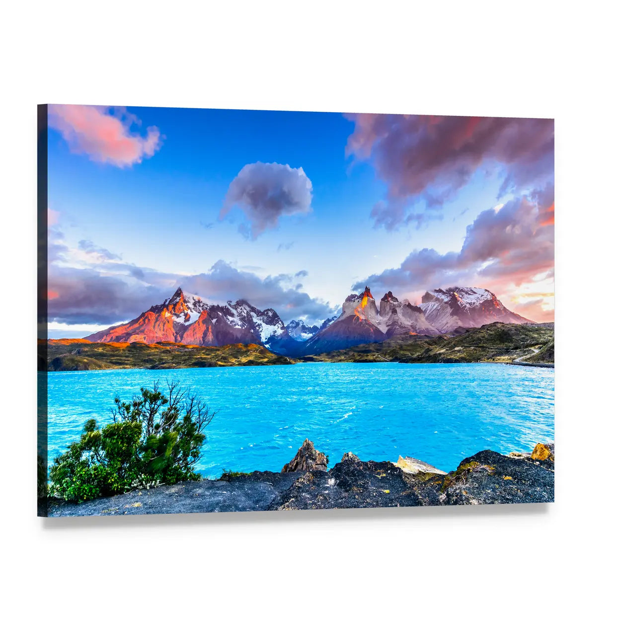 Torres Del Paine Sunset Over Glacial Lake Canvas Wall Art, single panel gallery wrapped canvas, angled product view