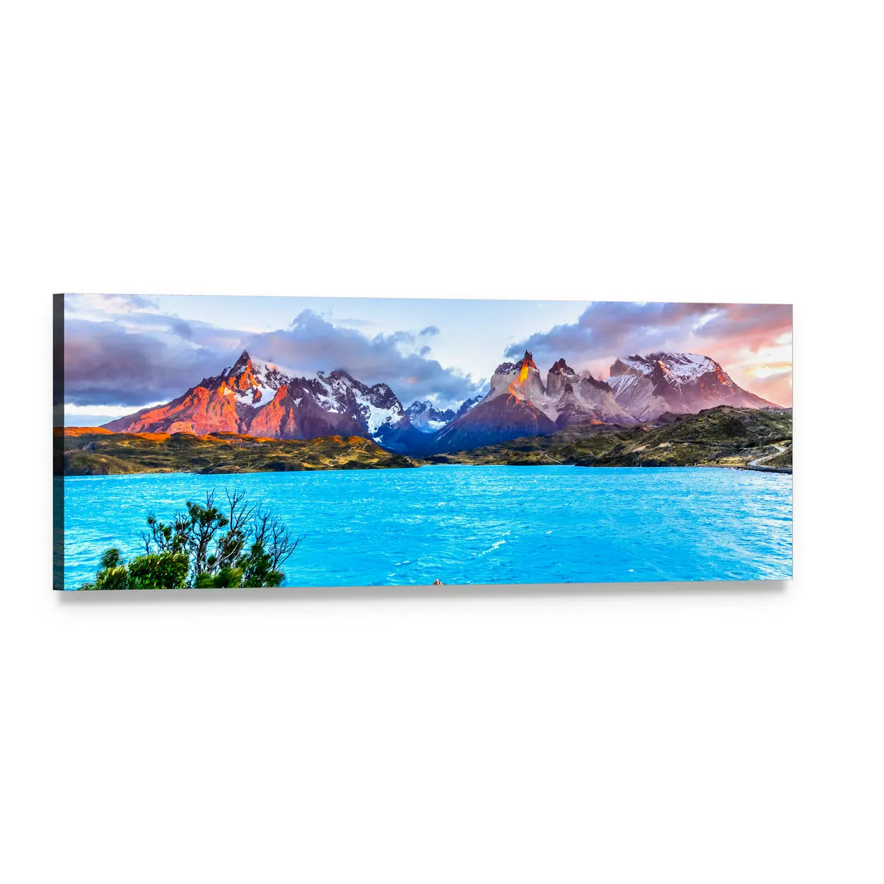 Torres Del Paine Turquoise Lake at Sunset Panoramic Canvas Wall Art, single panel gallery wrapped canvas, angled product view