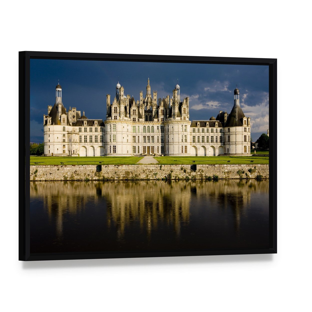 Chambord Castle Canvas Wall Art, framed canvas in a black floater frame, angled product view