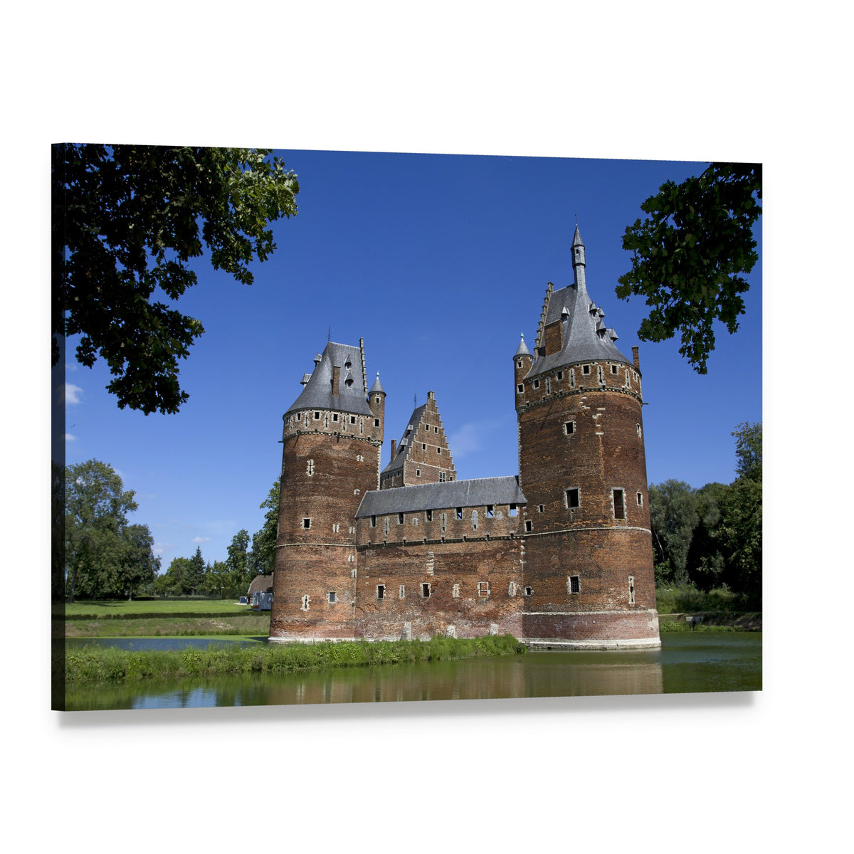 Majestic Castle in Beersel Canvas Wall Art, single panel gallery wrapped canvas, angled product view
