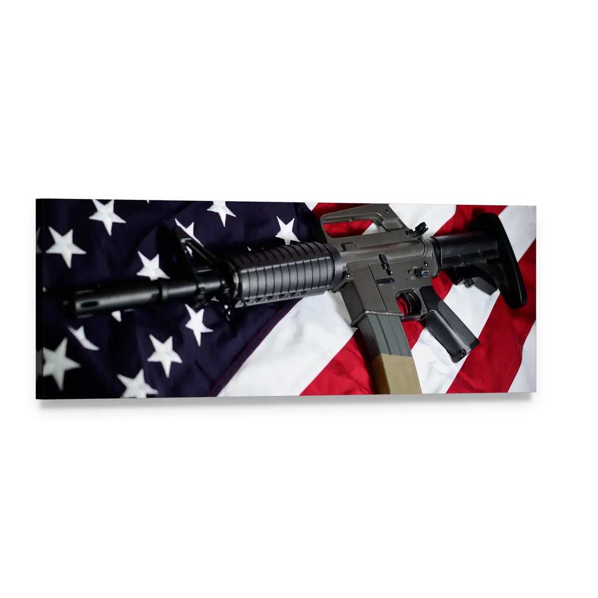 American Flag with Ar-15 Style Rifle Panoramic Canvas Wall Art, single panel gallery wrapped canvas, angled product view